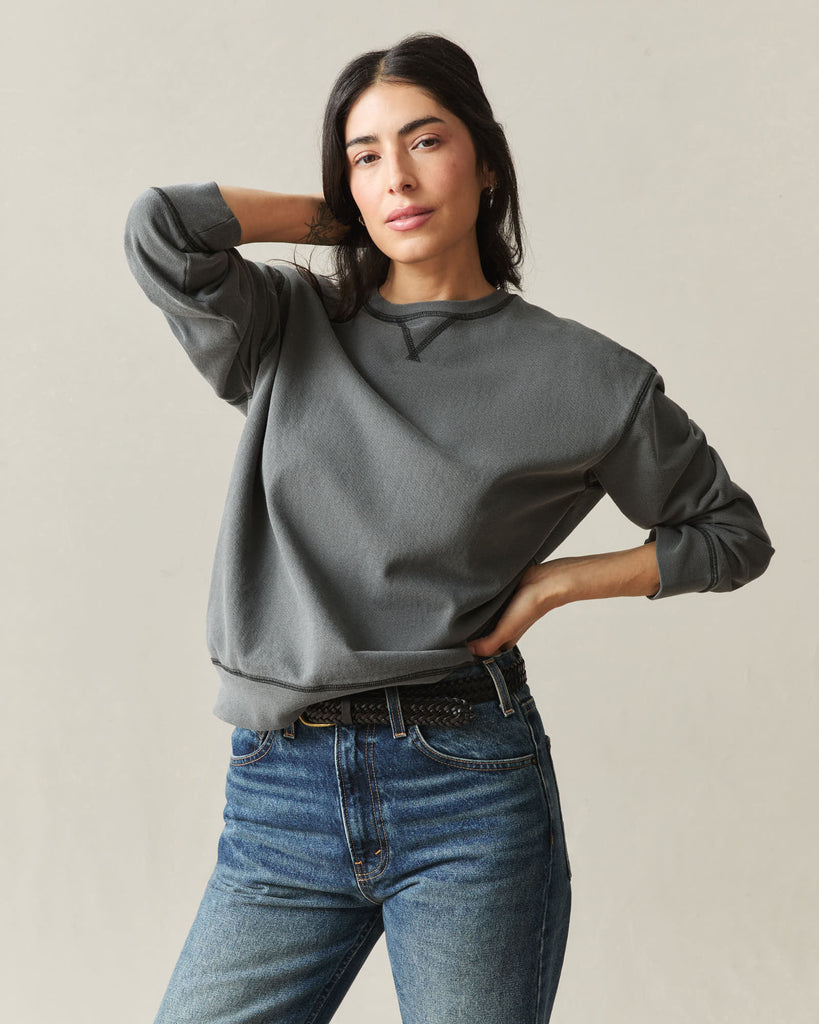 Women's Relaxed French Terry Crew - Grey Pinstripe
