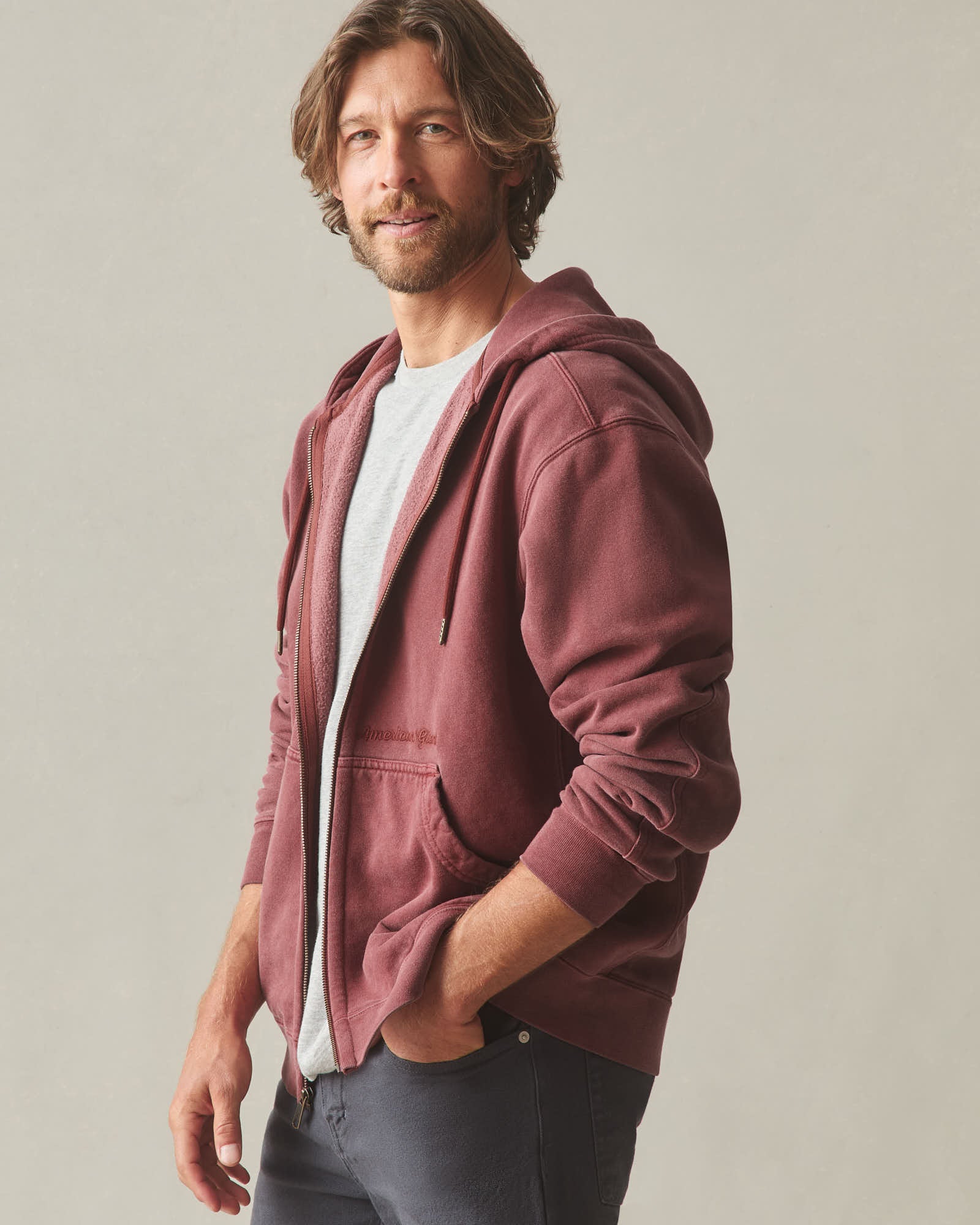 Men's Vintage Wash Relaxed Classic Full Zip - Washed Russet Brown