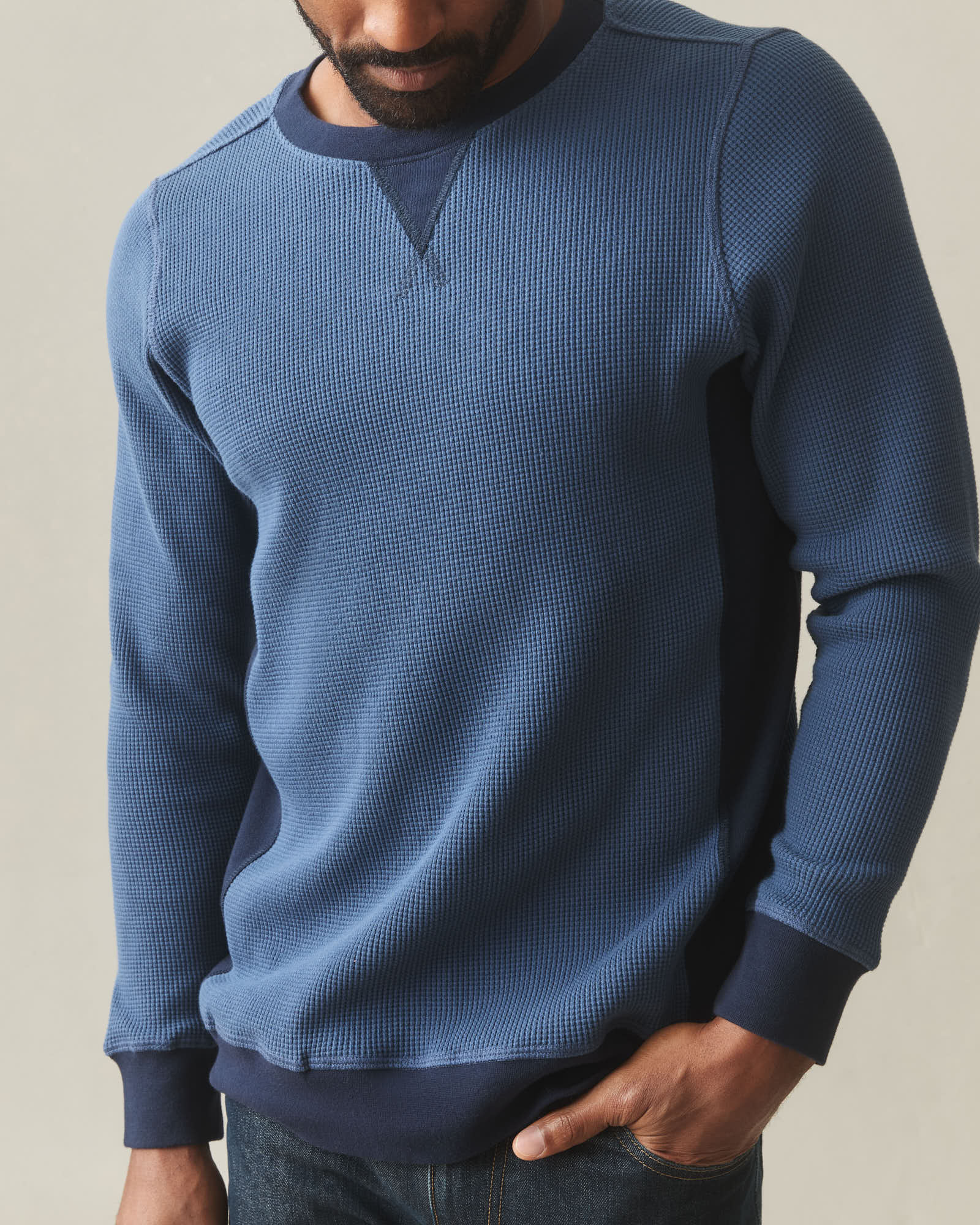 Men's Colorblock Summit Waffle Long Sleeve Crew - Marine Navy Oxford B