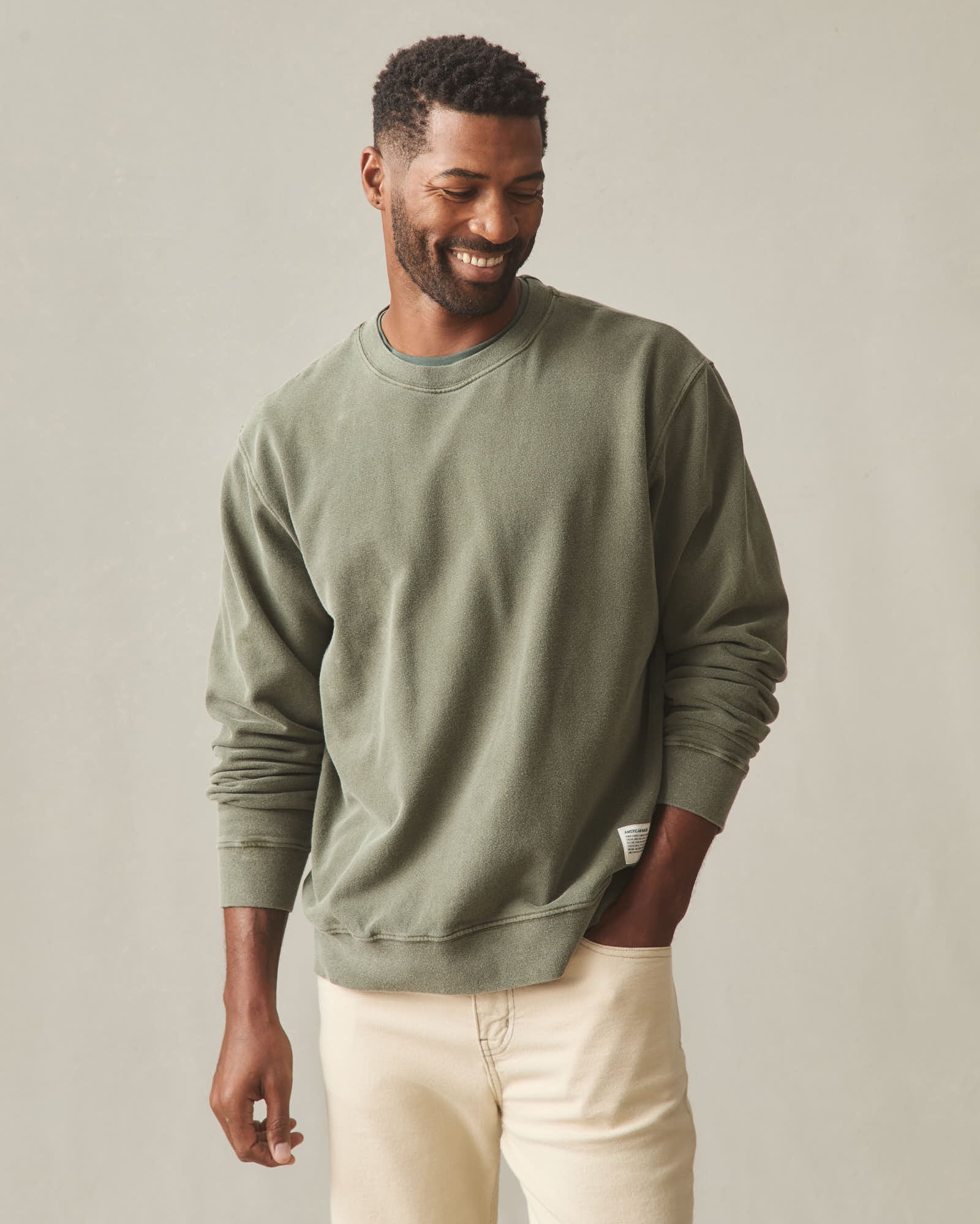 Men's Vintage Washed Relaxed French Terry Crew - Olive