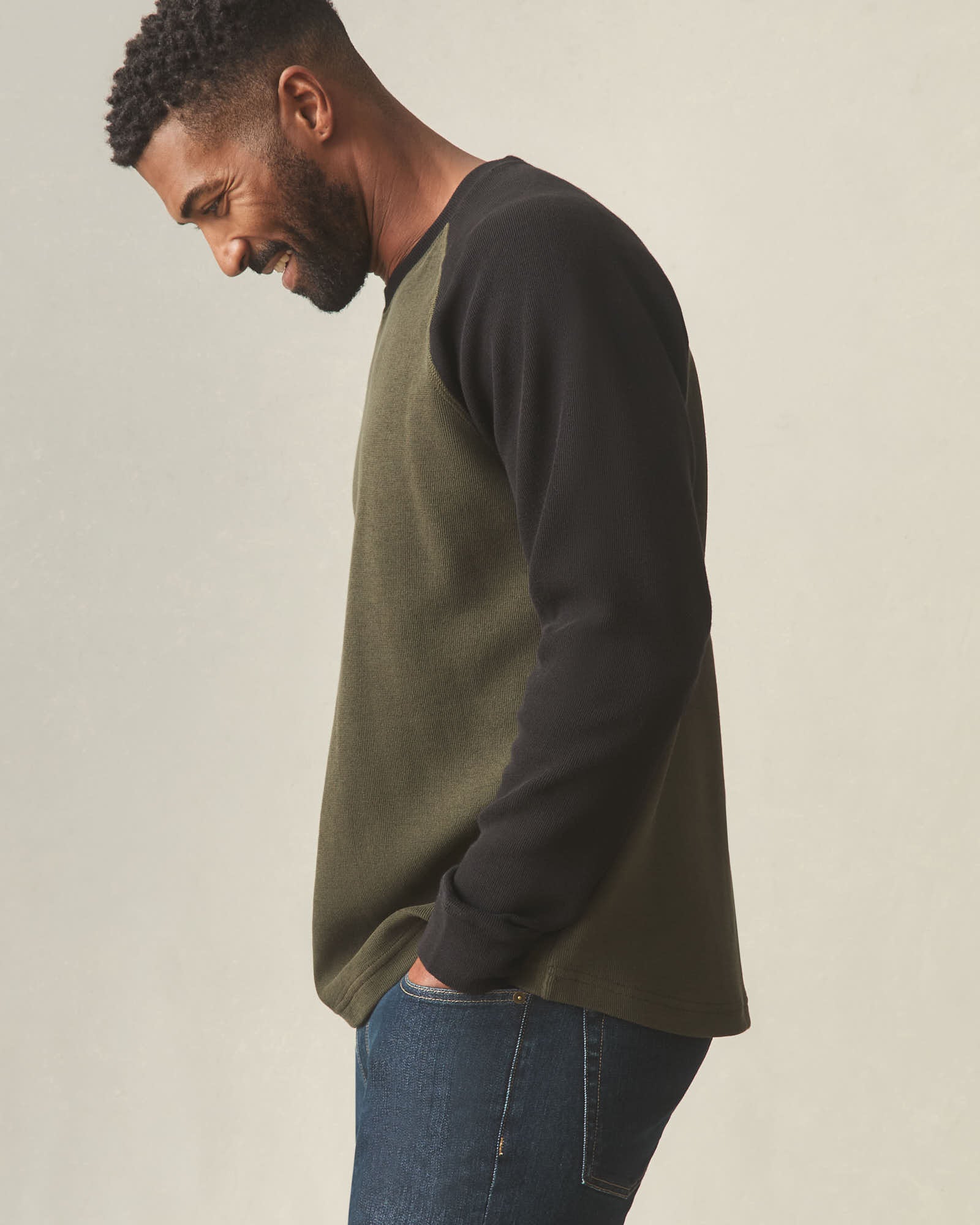 Men's French Rib Raglan Colorblock - Deep Olive Black