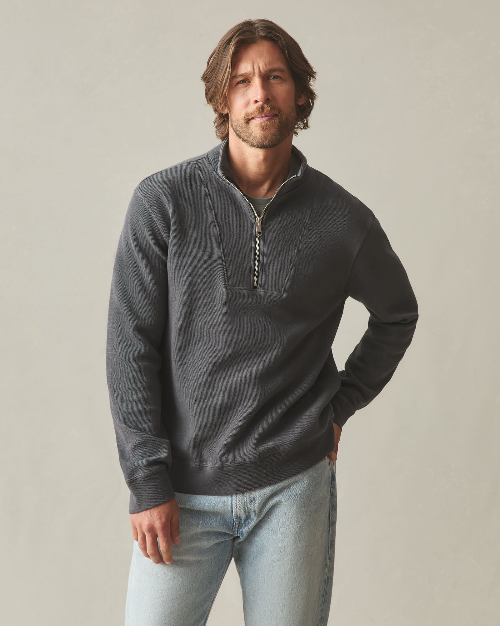 Men's French Rib Half Zip - Dark Charcoal