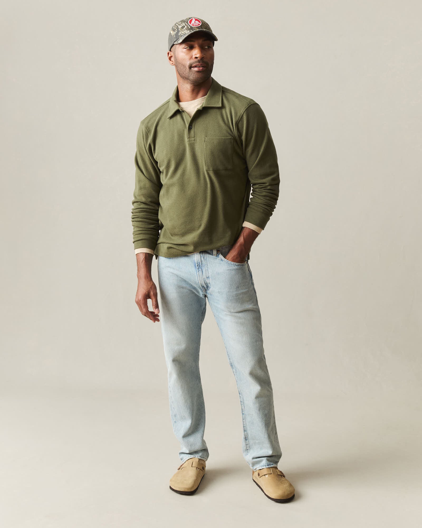 Men's Brushed Long Sleeve Polo - Olive Night Heather