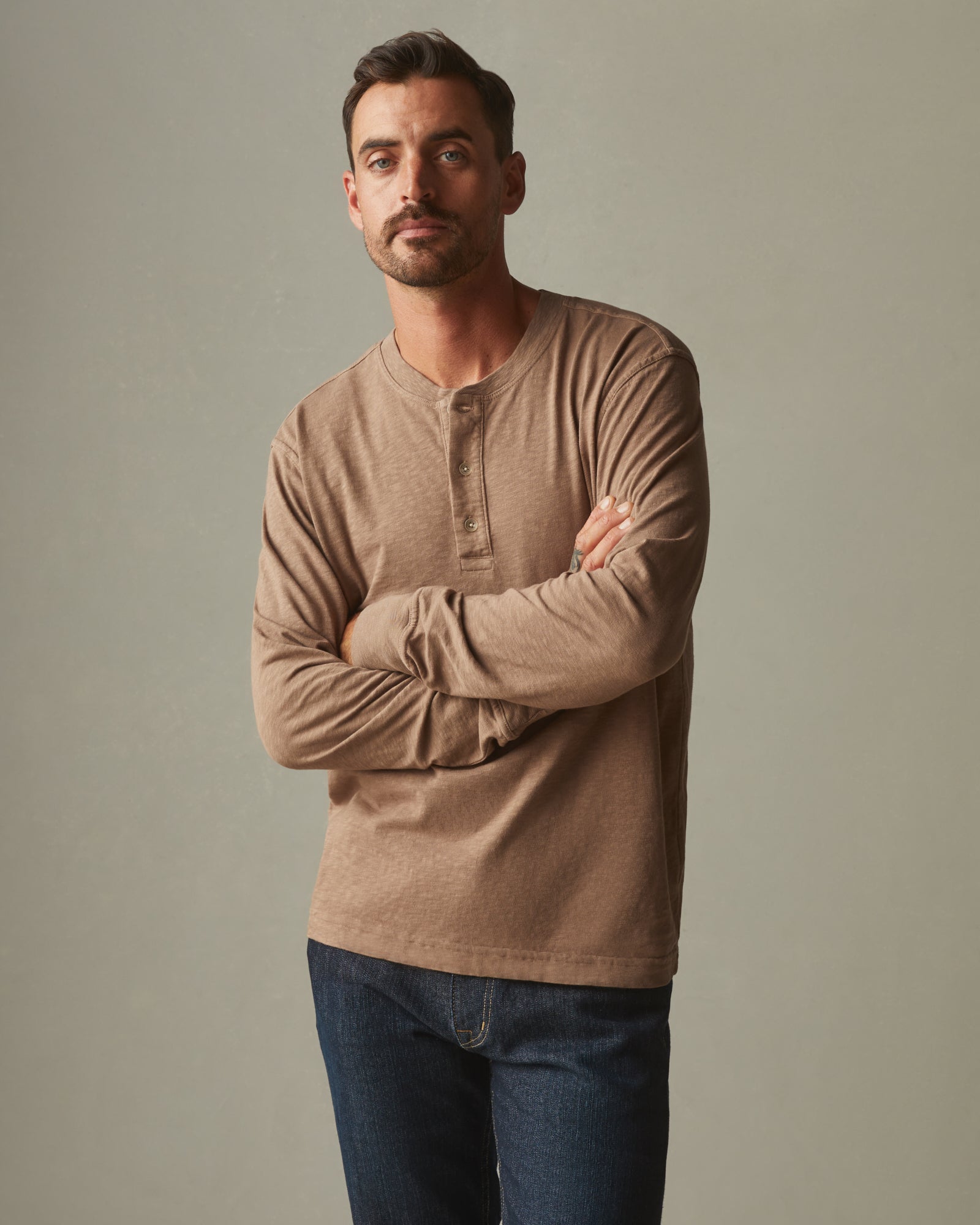 Premium Slub Henley Tee Long Sleeve - Pine Bark