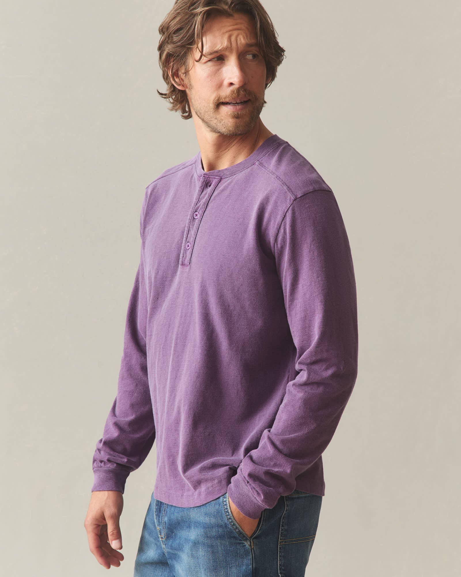 Men's Broken-In Premium Slub Long Sleeve Henley - Deep Purple