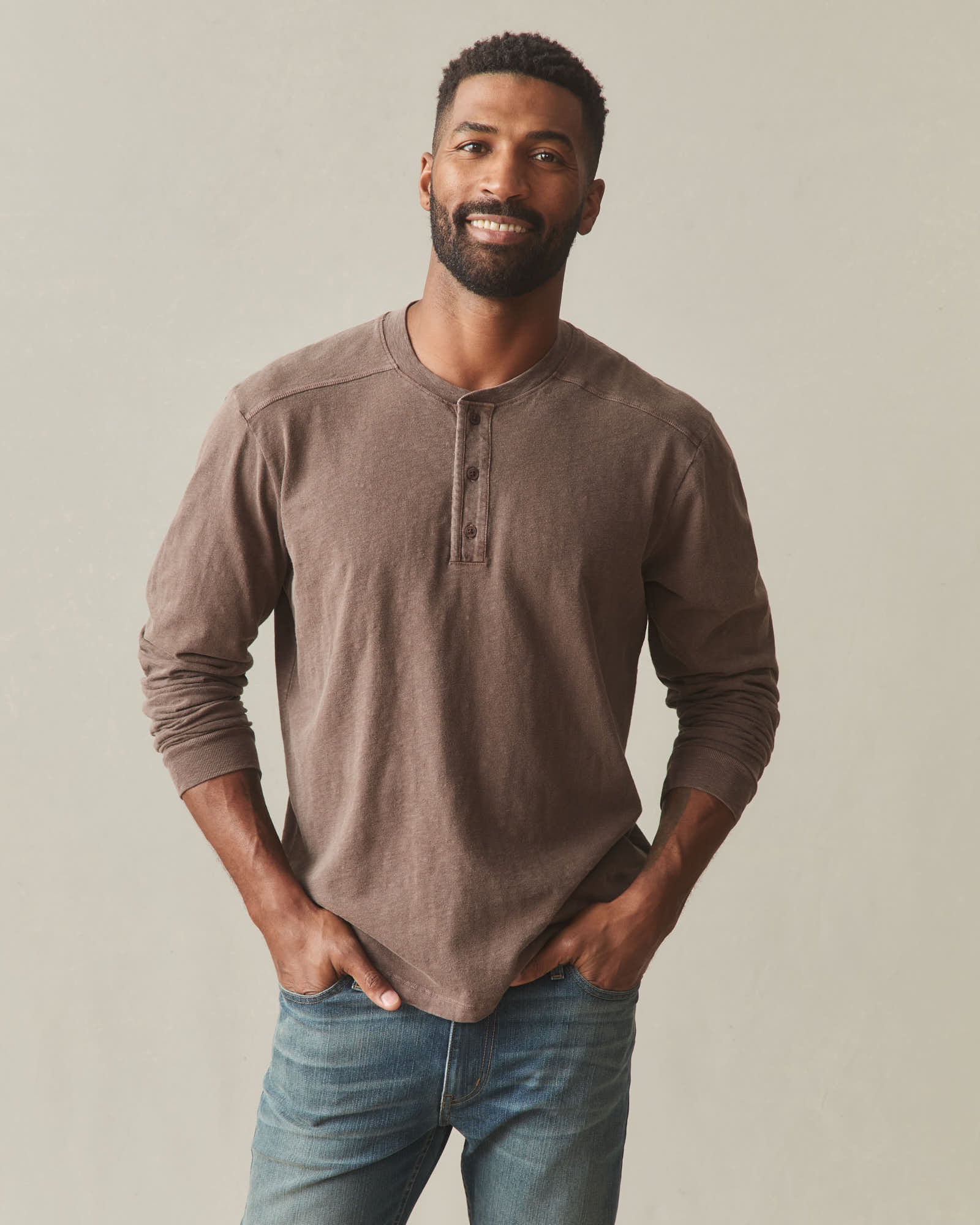 Men's Broken-In Premium Slub Long Sleeve Henley - Washed Coffee Quartz