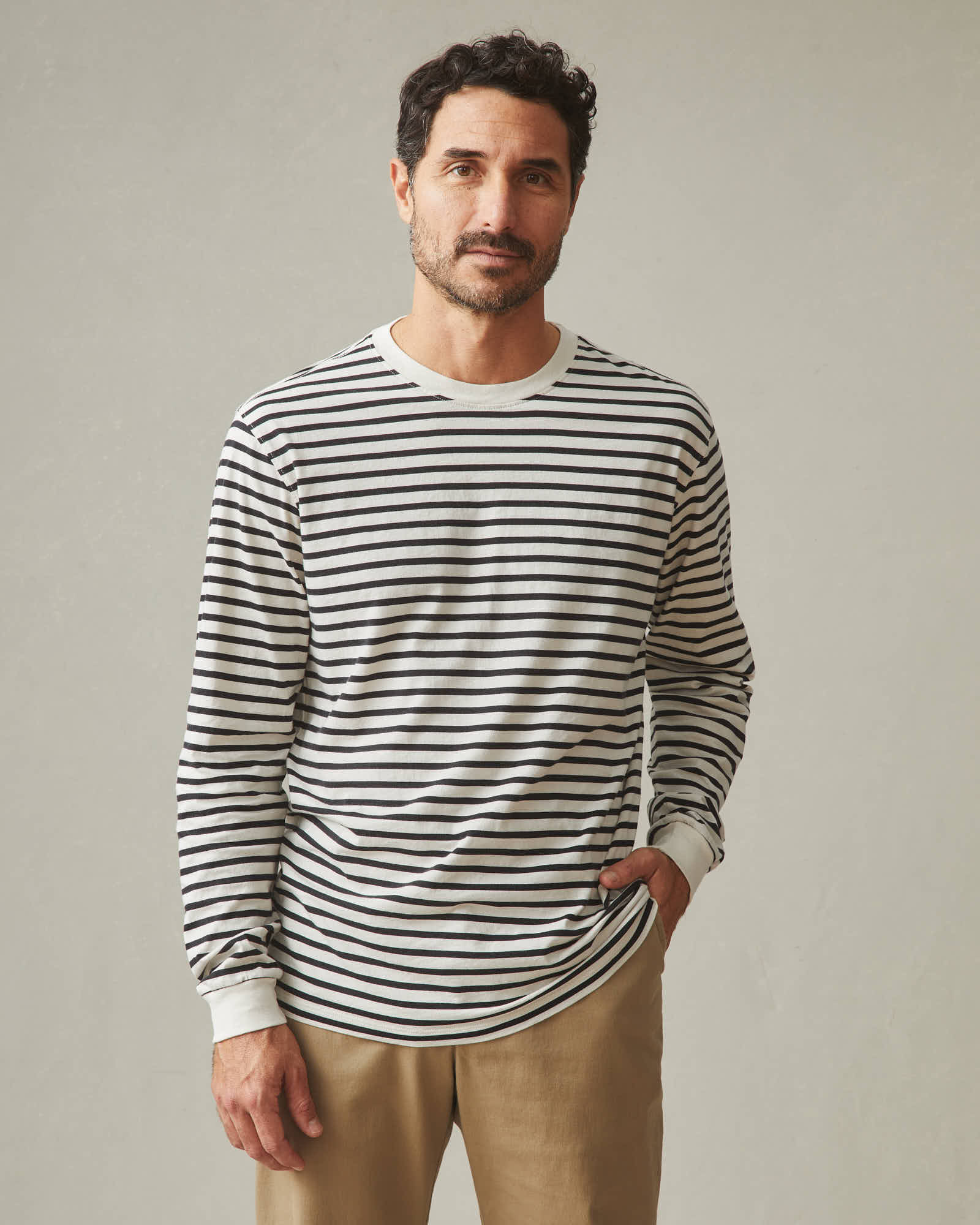 Men's Standard Crew Long Sleeve Tee - Navy Stripe