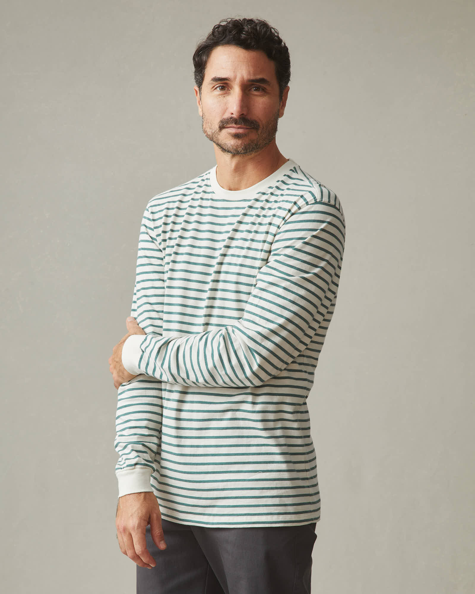 Men's Standard Crew Long Sleeve Tee - Sagebrush Green Stripe