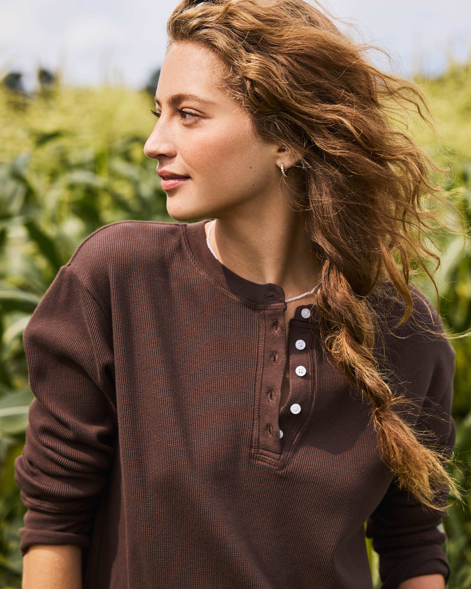 wjk 00’s Leather Patch Thermal Henley Women's Thermal Henley - Chocolate