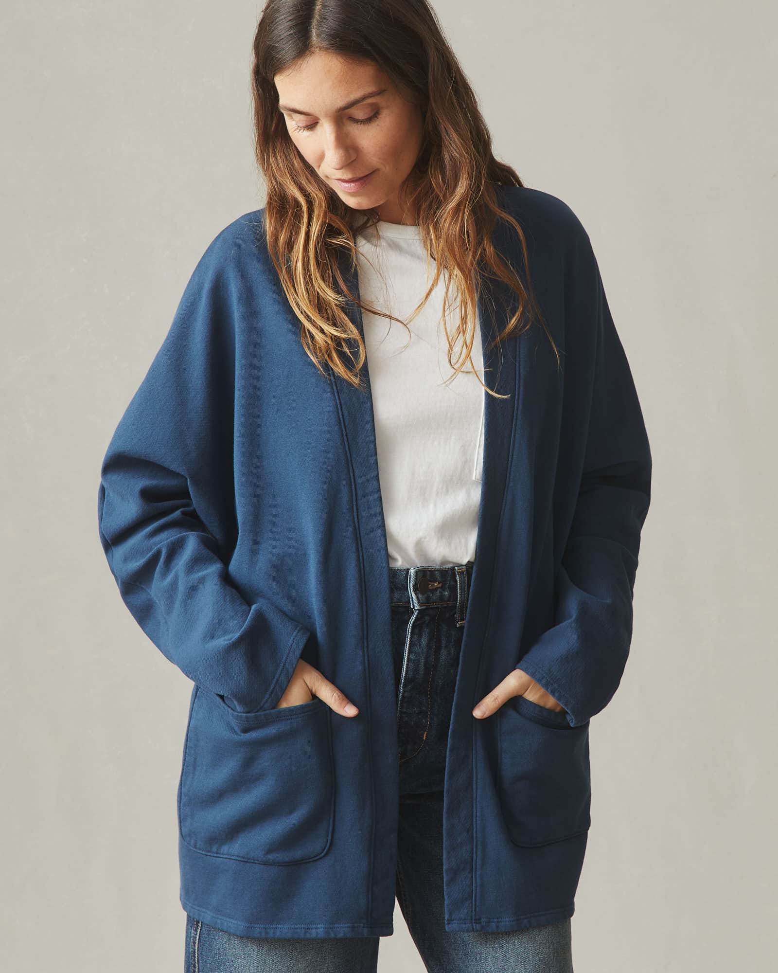 Women's French Terry Cardigan - Marine Navy