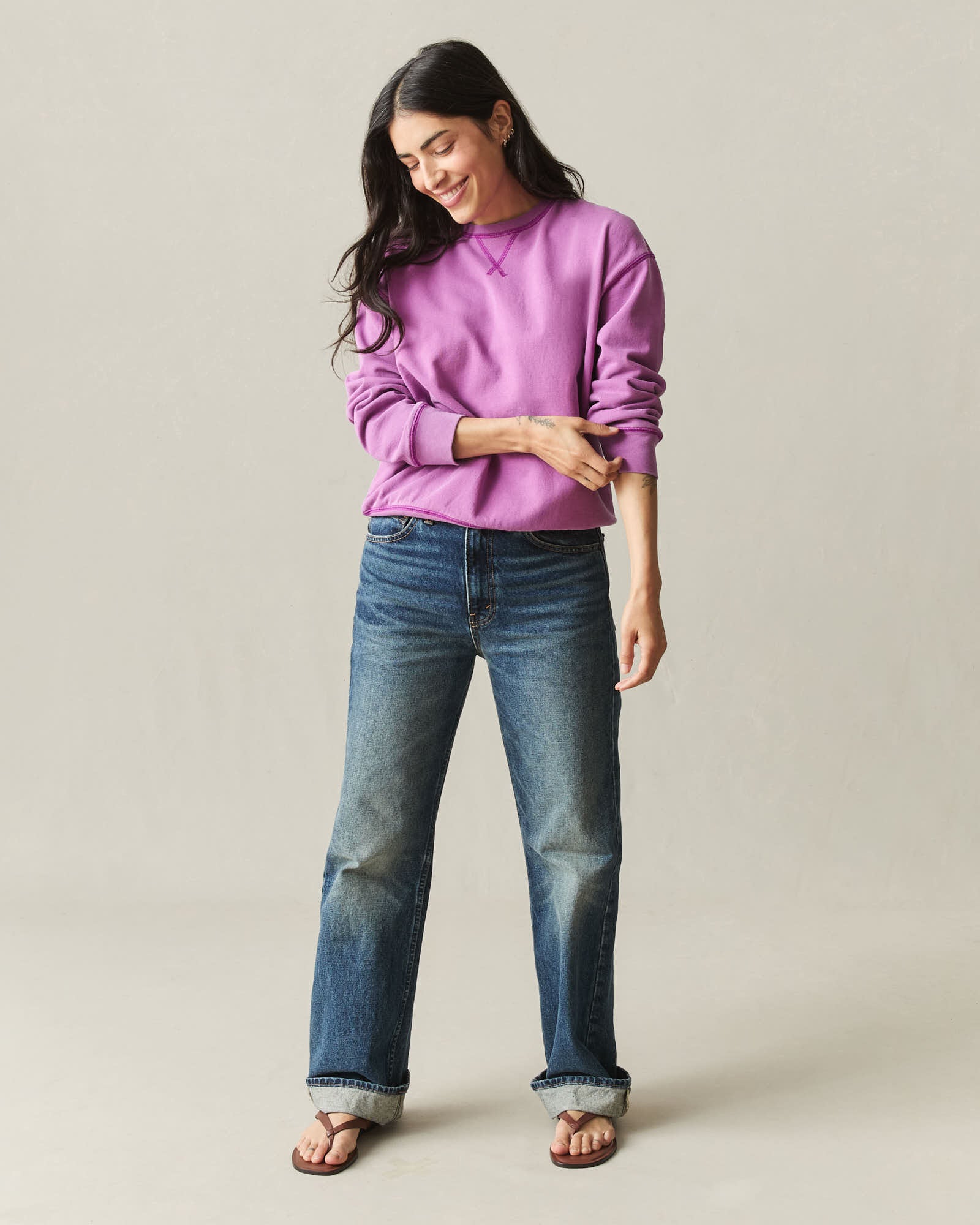 Women's Relaxed French Terry Crew - Cattleya Orchid