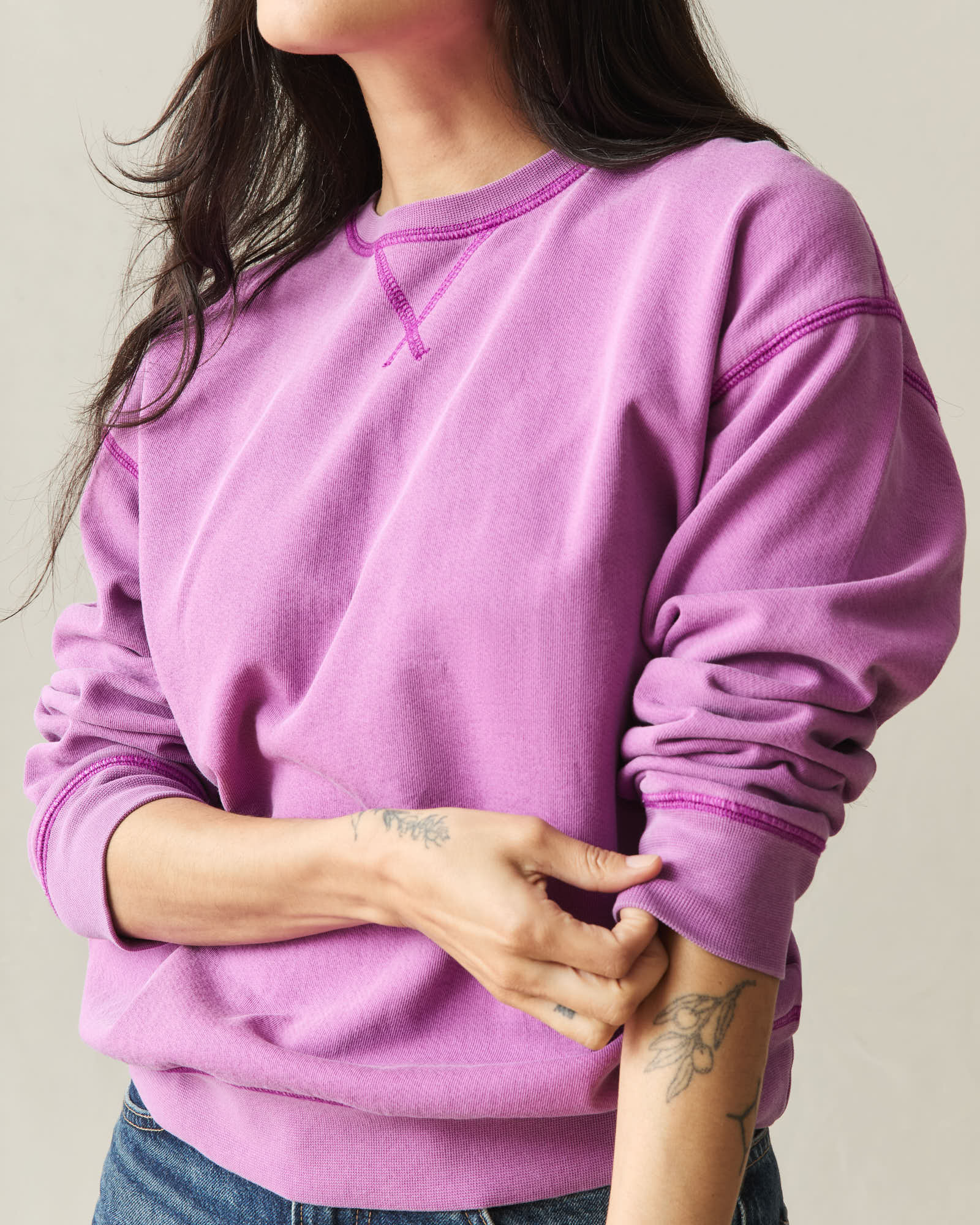 Women's Relaxed French Terry Crew - Cattleya Orchid