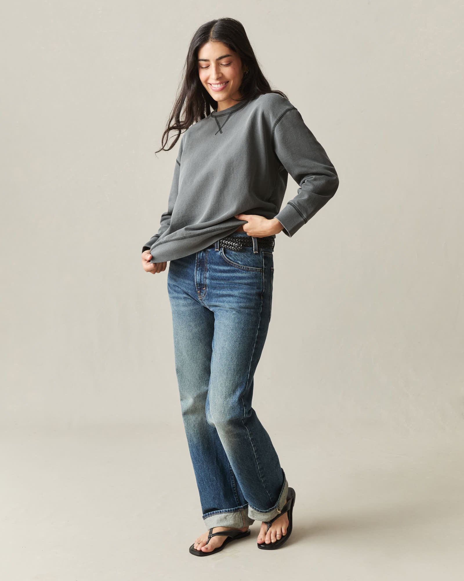 Women's Relaxed French Terry Crew - Grey Pinstripe