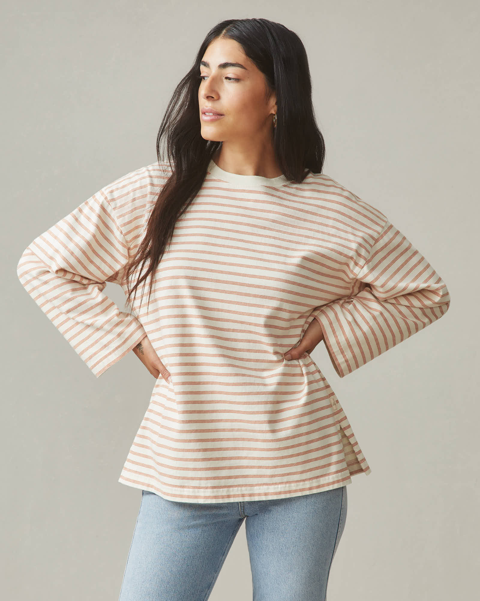 Women's Relaxed Cotton Long Sleeve - Striped - Cork Stripe