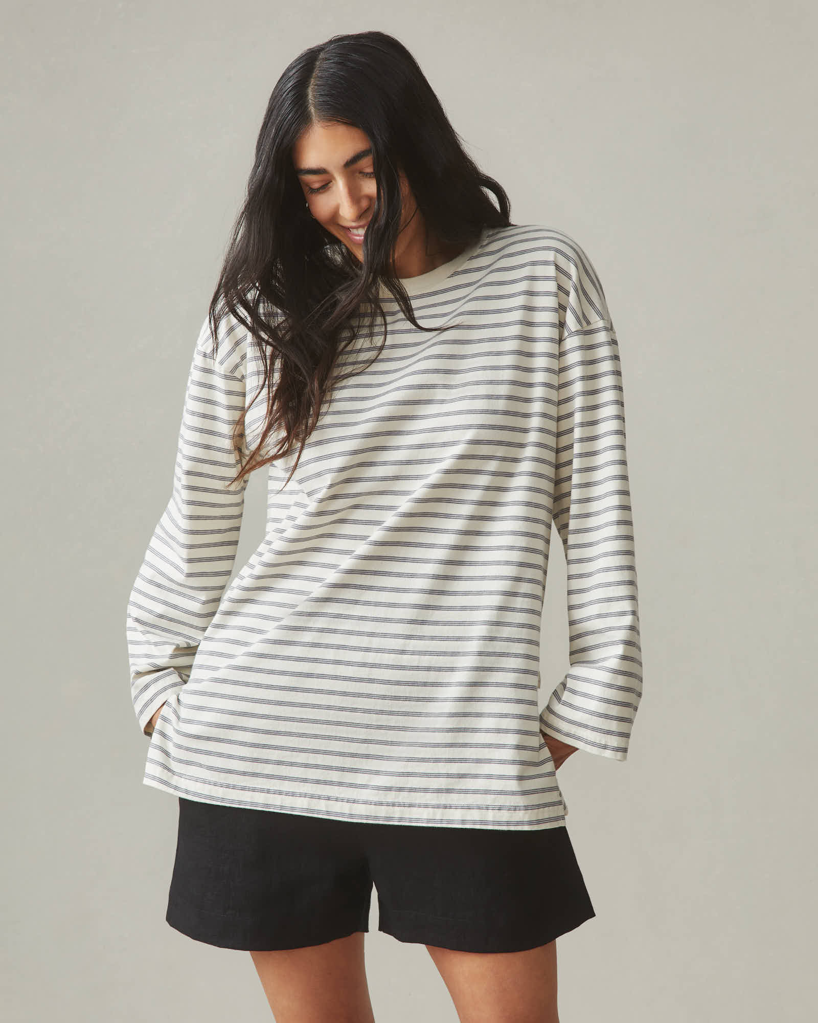 Women's Relaxed Cotton Long Sleeve - Striped - Flint Stone Stripe