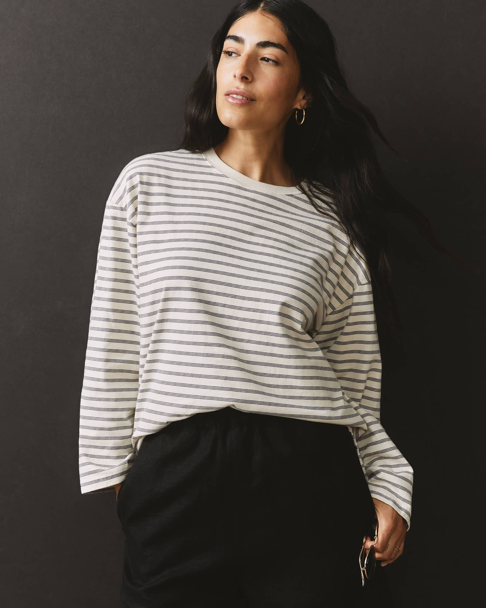Relaxed Cotton Long Sleeve - Striped - Flint Stone Stripe