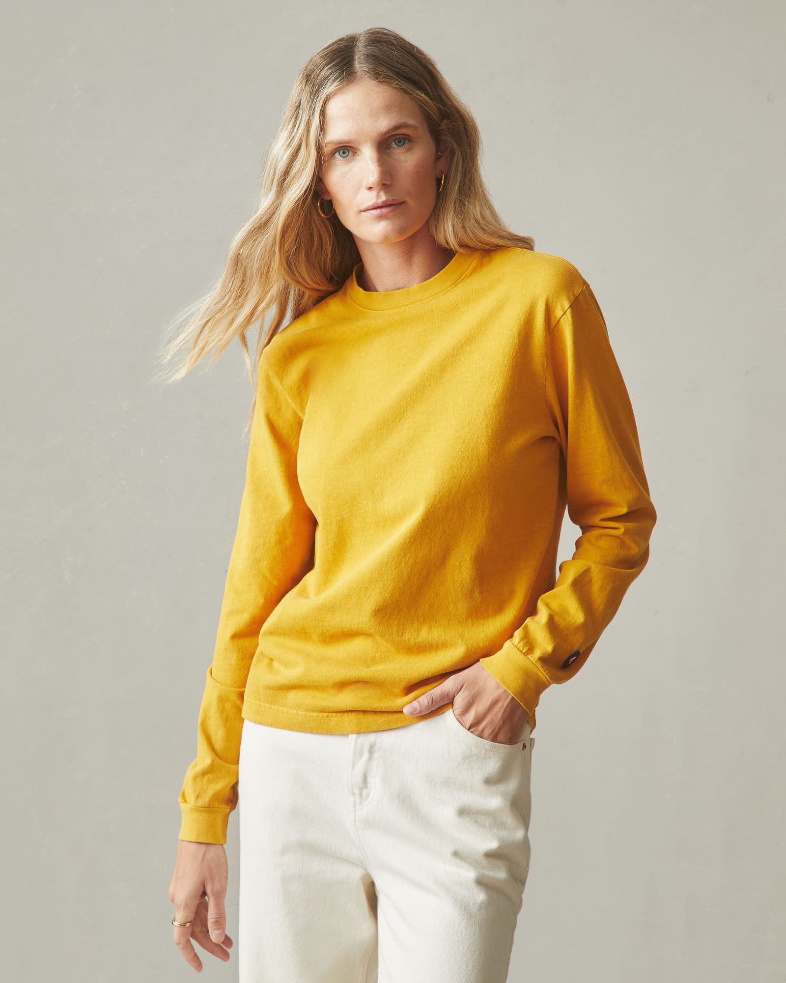 トップス needles track crew neck shirt yellow Women's Vintage Crew Long Sleeve Tee - Washed Golden Yellow
