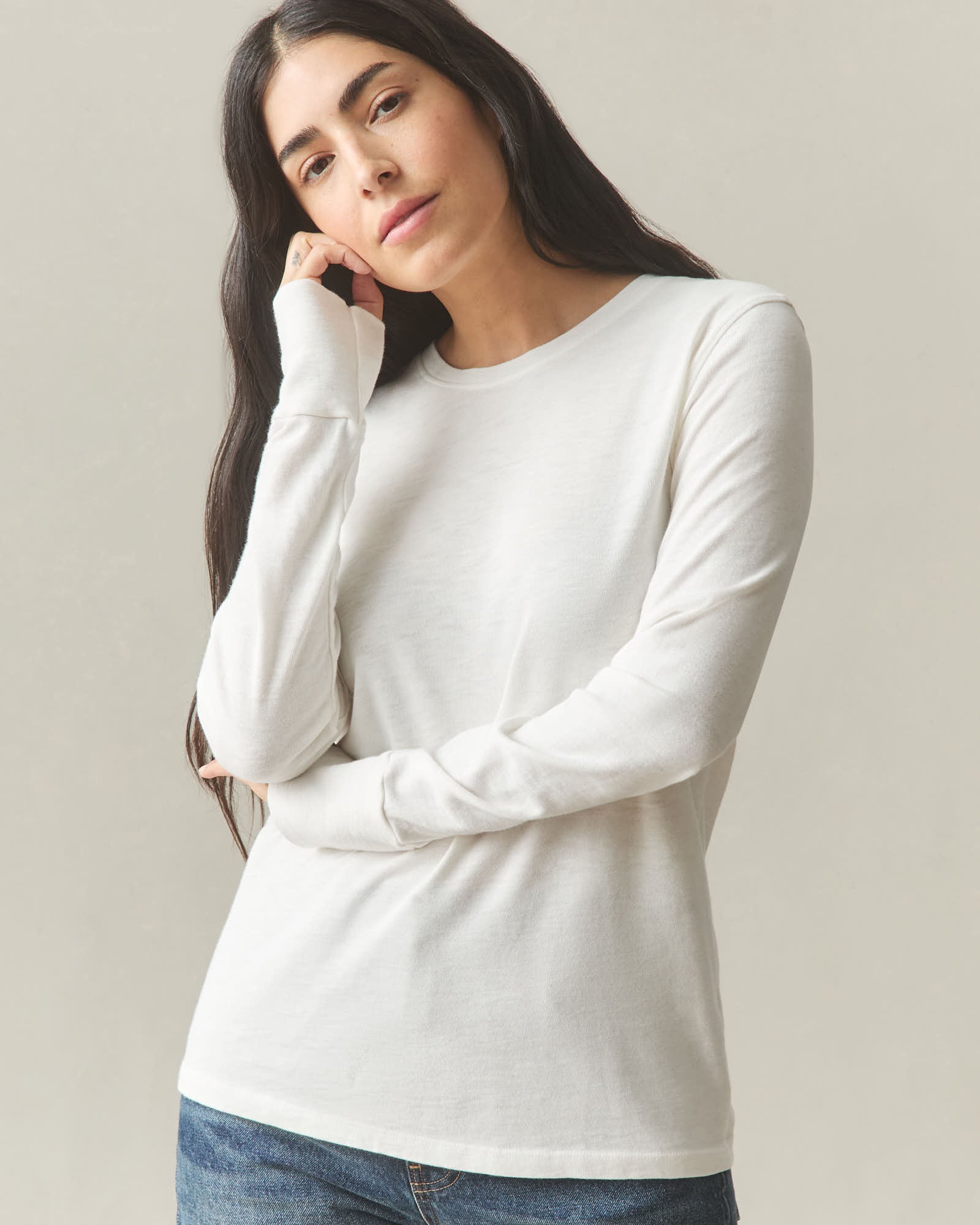 Women's Premium Slub Long Sleeve Crew Tee - Bone