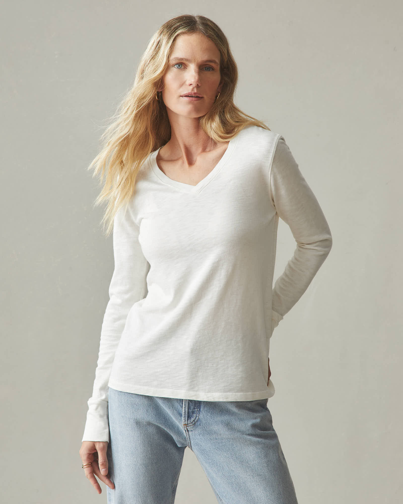 Women's Premium Slub V-Neck Long Sleeve Tee - Bone