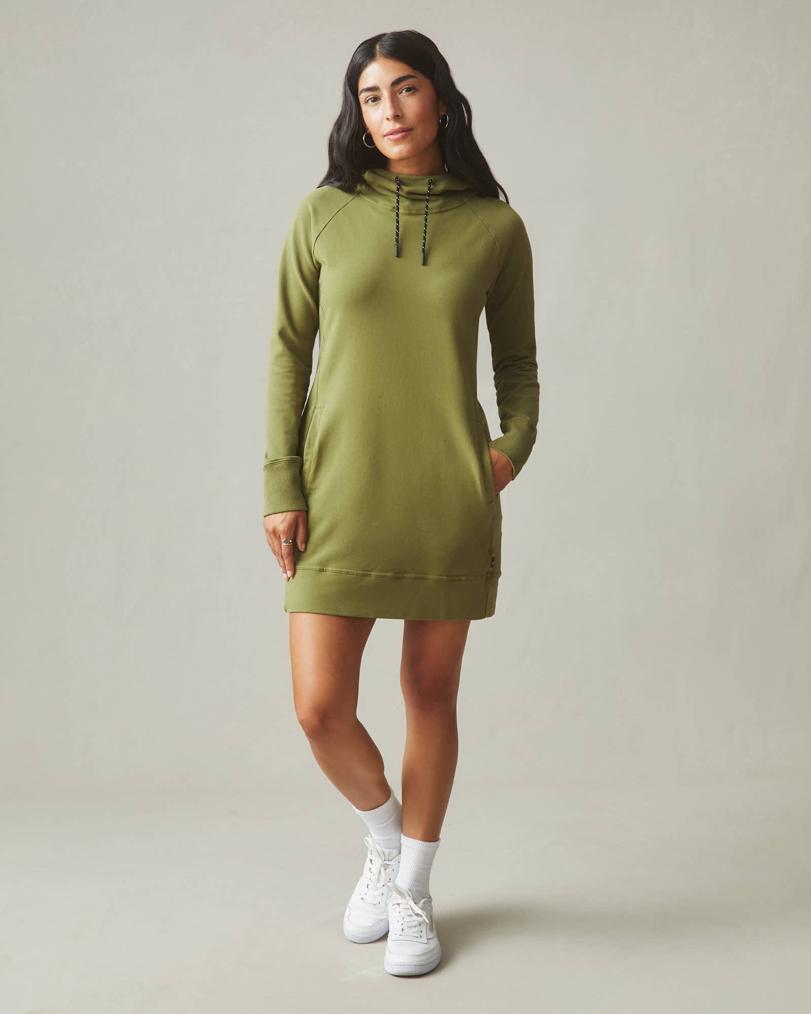 women's long hoodie dress Color:Textured Pink Army Surplus - Ladies Hooded sweatshirt dress Two Washed Linen Dress