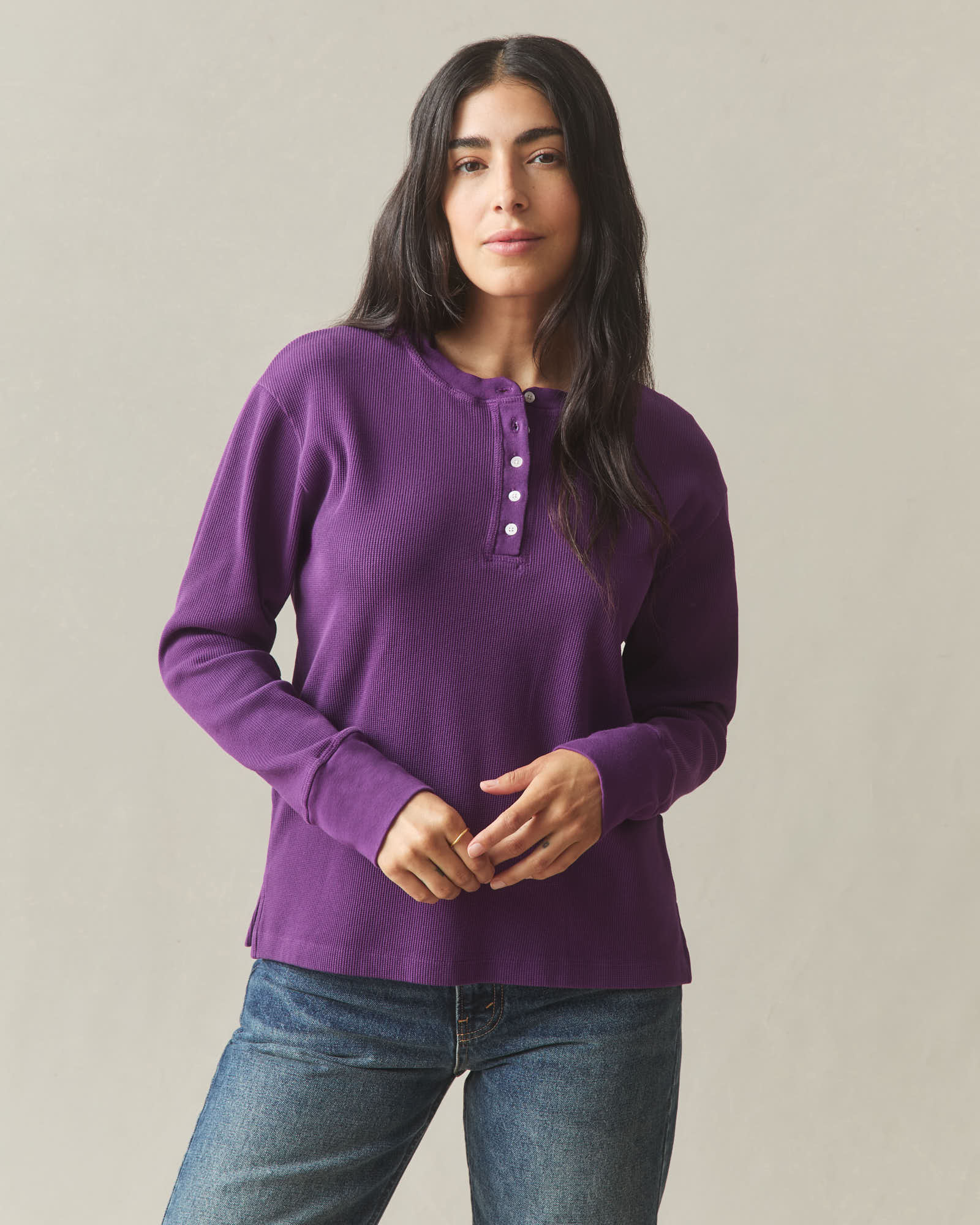 Ensemble high gauge Henley neck knit 紫3 Women's Thermal Henley - Imperial Purple