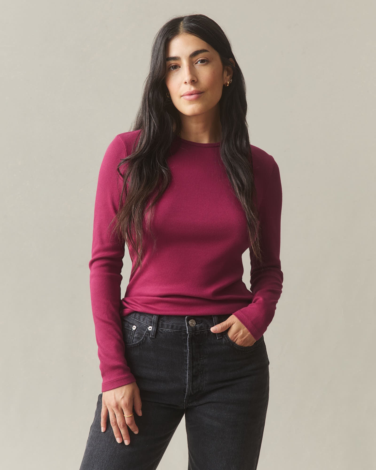 Women's Luxe Rib Crew Long Sleeve - Beet Red