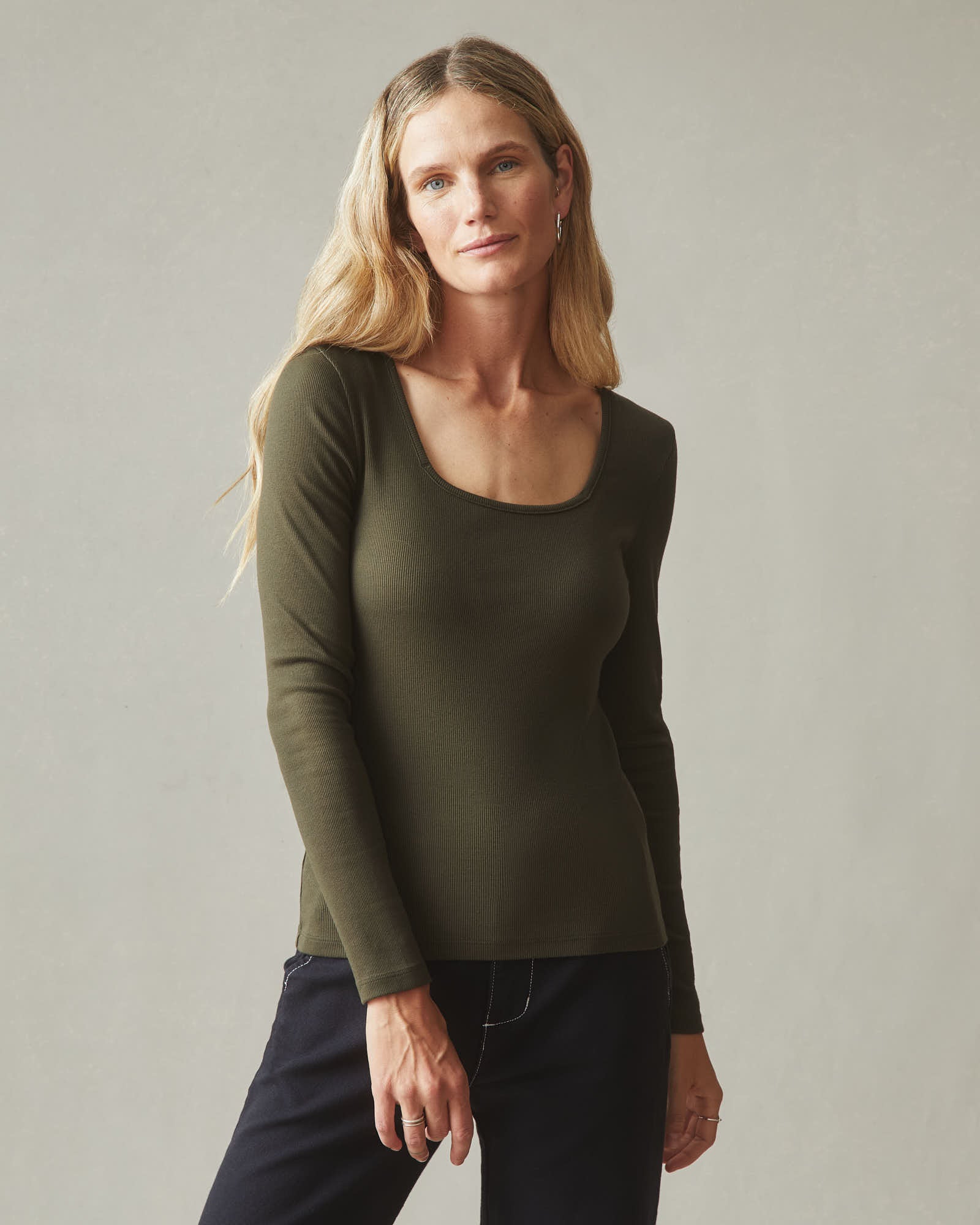 Women's Luxe Rib Square Neck Long Sleeve - Deep Olive