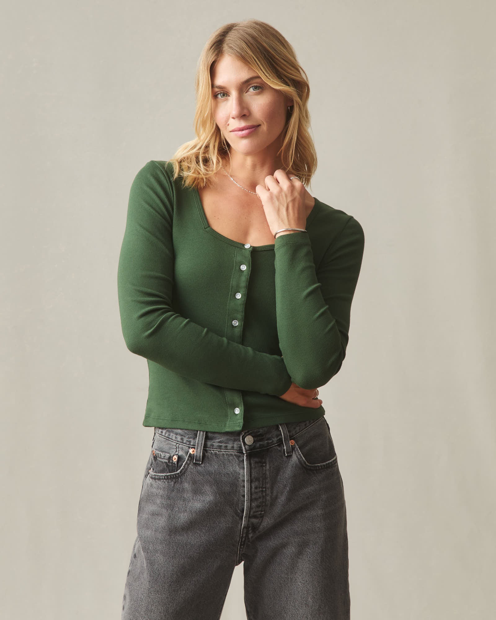 Women's Luxe Rib Square Neck Cardigan - Green Moss
