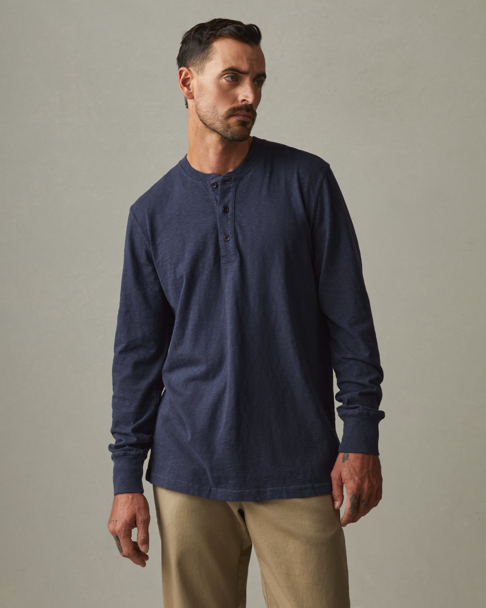 Premium Slub Henley Tee Long Sleeve - Navy