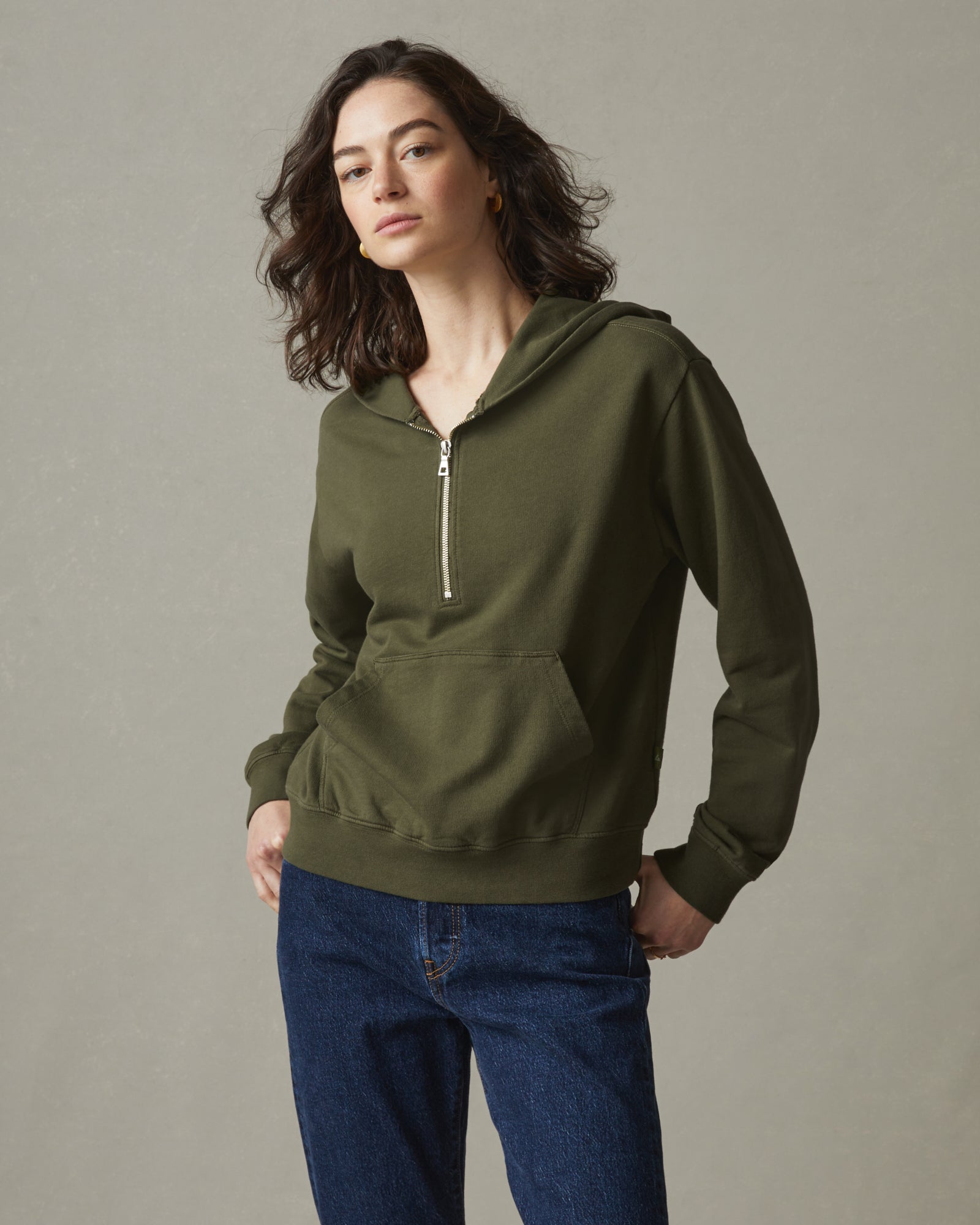 French Terry Half Zip Hoodie - Moss