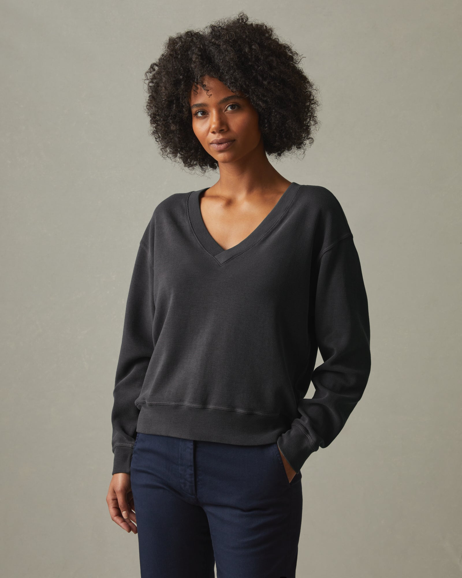 Women's Cotton V-Neck Sweater Stone - Main Image