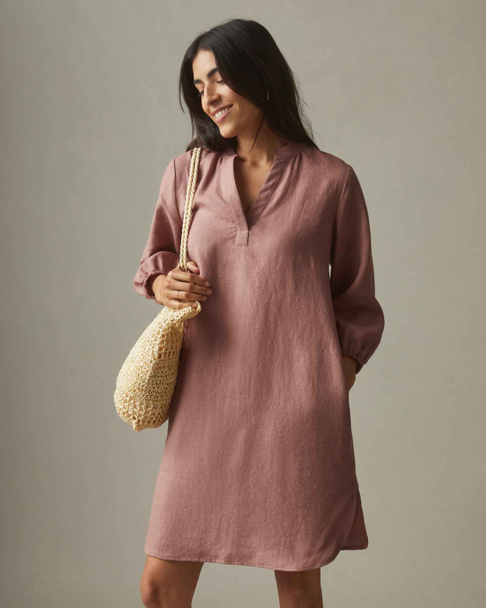 knee length dresses for ladies Linen Tunic Dress with Short Sleeves, Linen Tunic for Women