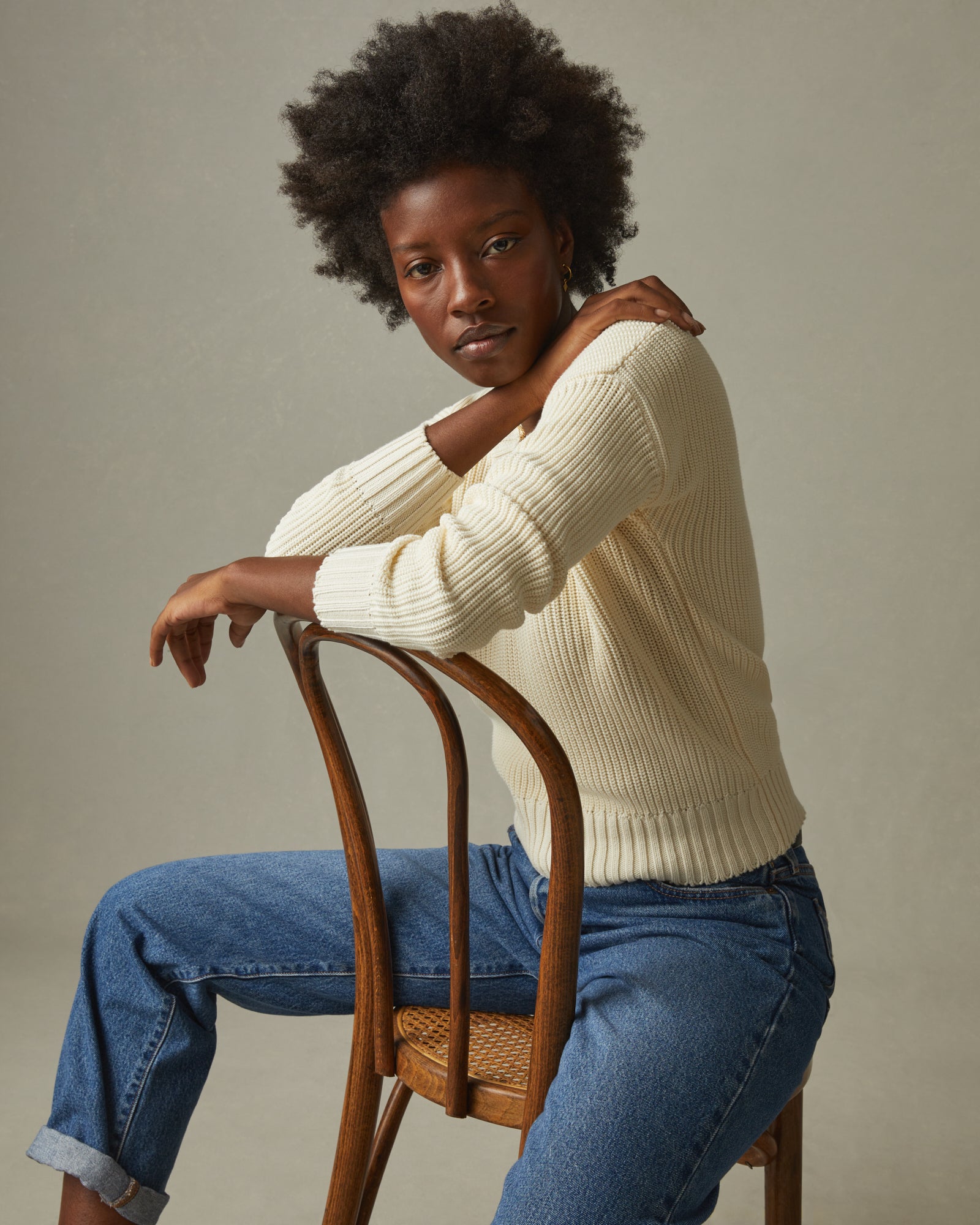 Chunky Cotton V Neck Sweater Creme